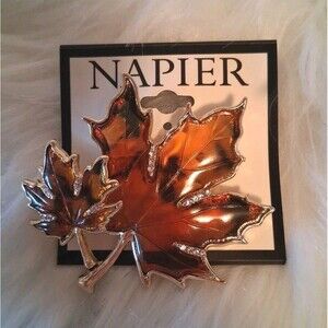 Napier Golden Brown Color And Enamel Maple Leaf Brooch Pin 2.25" New